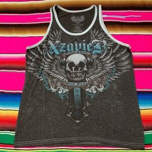 Y2K Xzavier Tank Top Shirt Men's M Grey Skull Graphic Grunge Vintage Made in USA